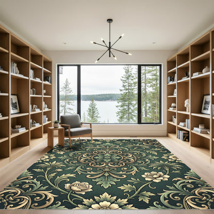 Elegant Dark Green Ornate Floral Medallion Rug