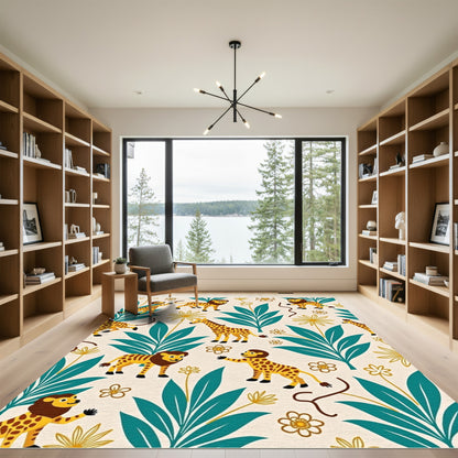 Whimsical Safari Animals Teal Foliage Rug