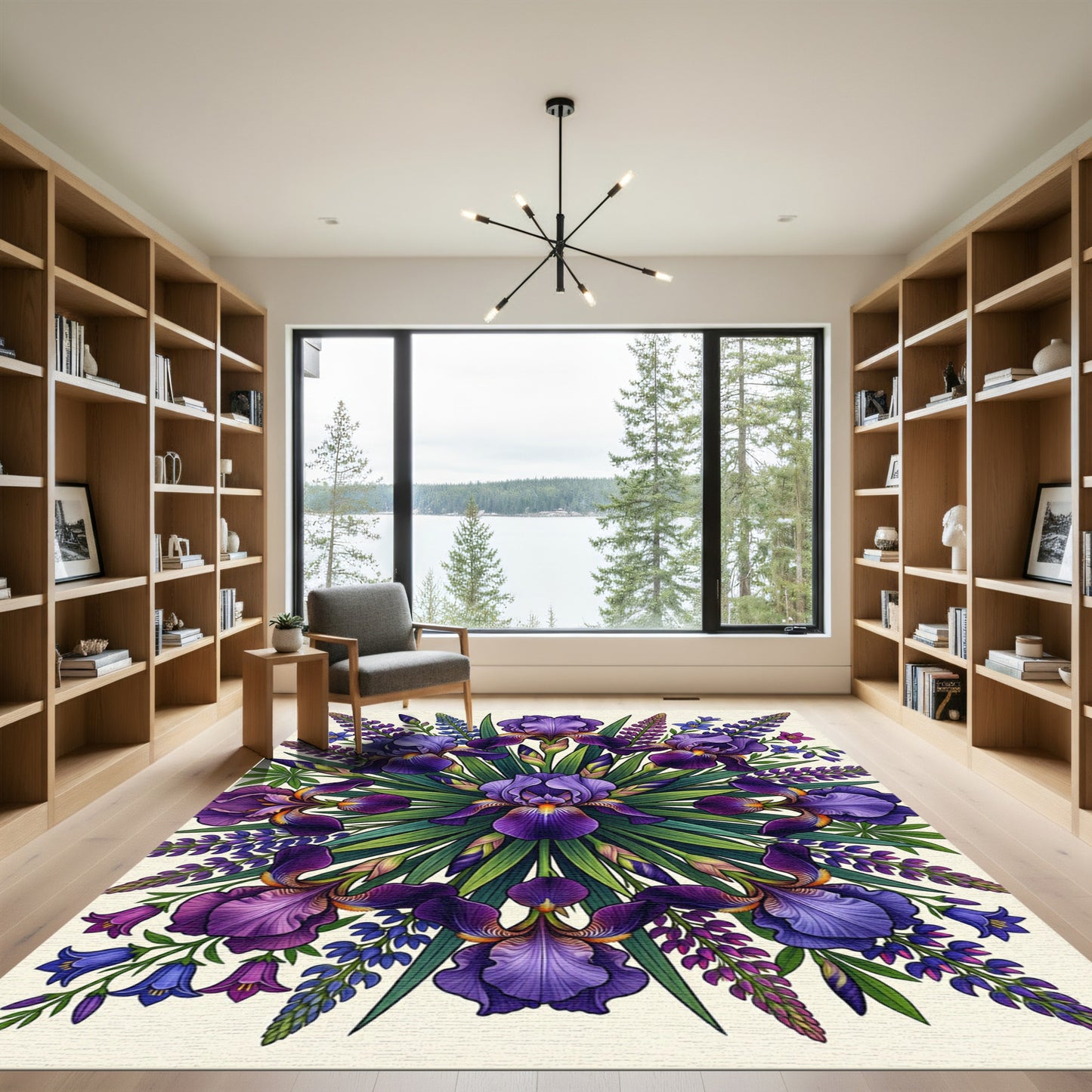 Vibrant Purple Iris Botanical Mandala Rug