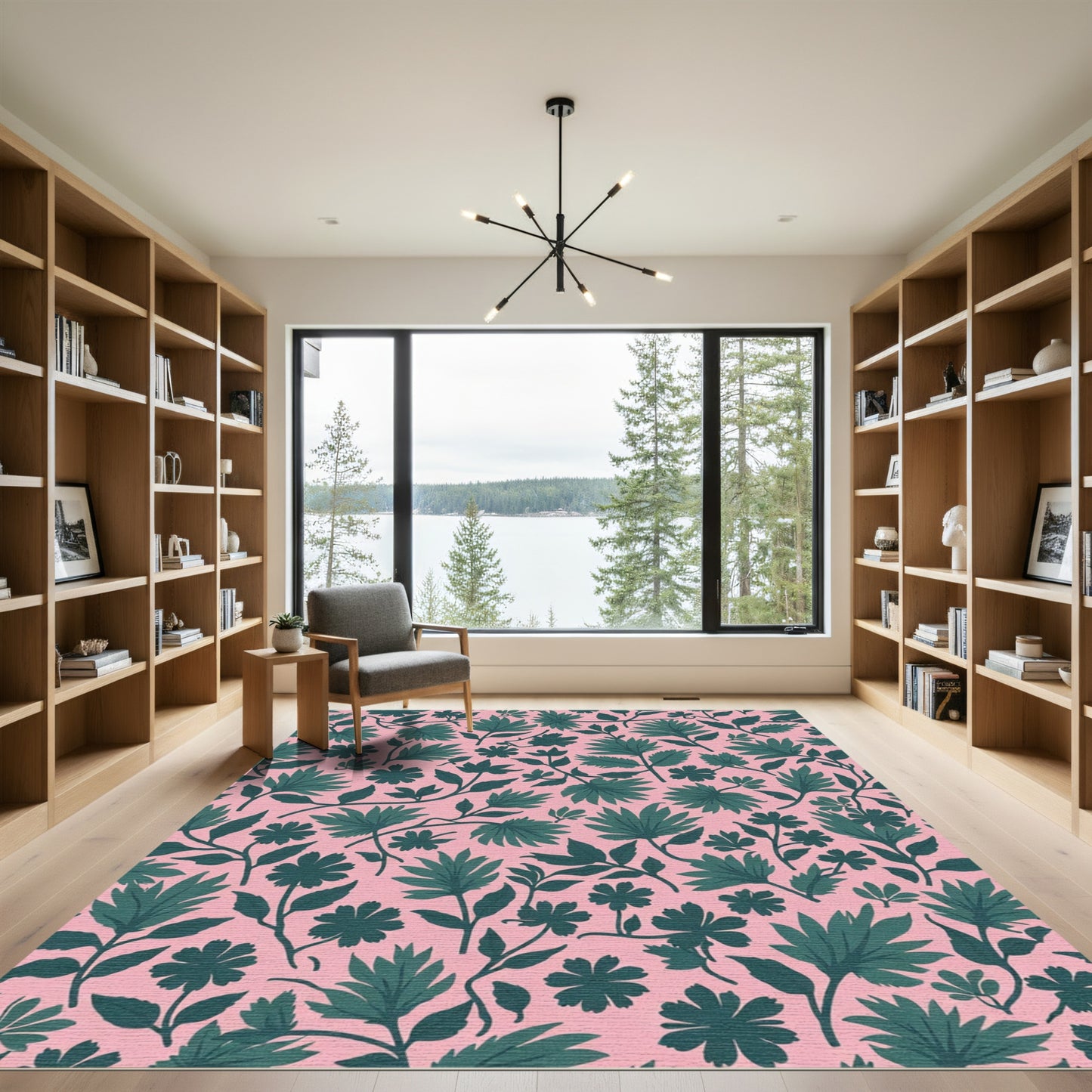 Pink Teal Leafy Floral Arrangement Rug