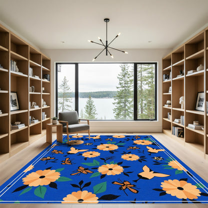 Orange Flower Butterfly Blue Field Rug