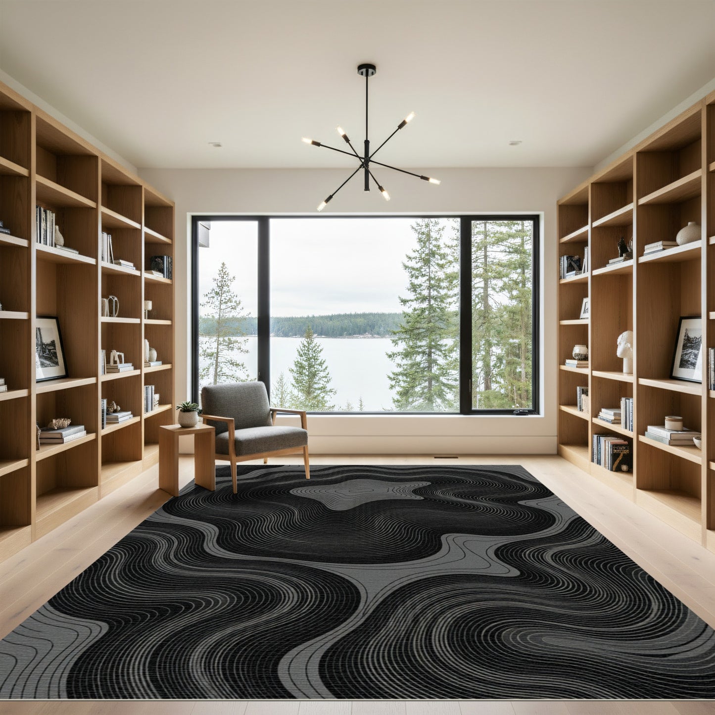 Dark Grey Wavy Contour Lines Abstract Rug