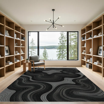 Dark Grey Wavy Contour Lines Abstract Rug