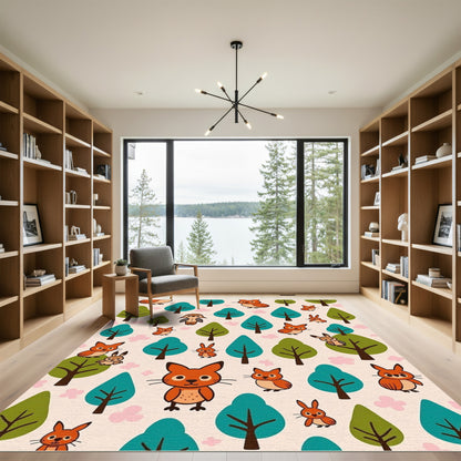 Cute Woodland Critters Trees and Flowers Rug