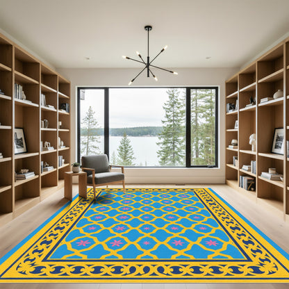Blue Yellow Pink Floral Lattice Border Rug