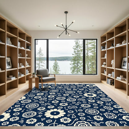 Cream Floral Collage Dark Navy Rug