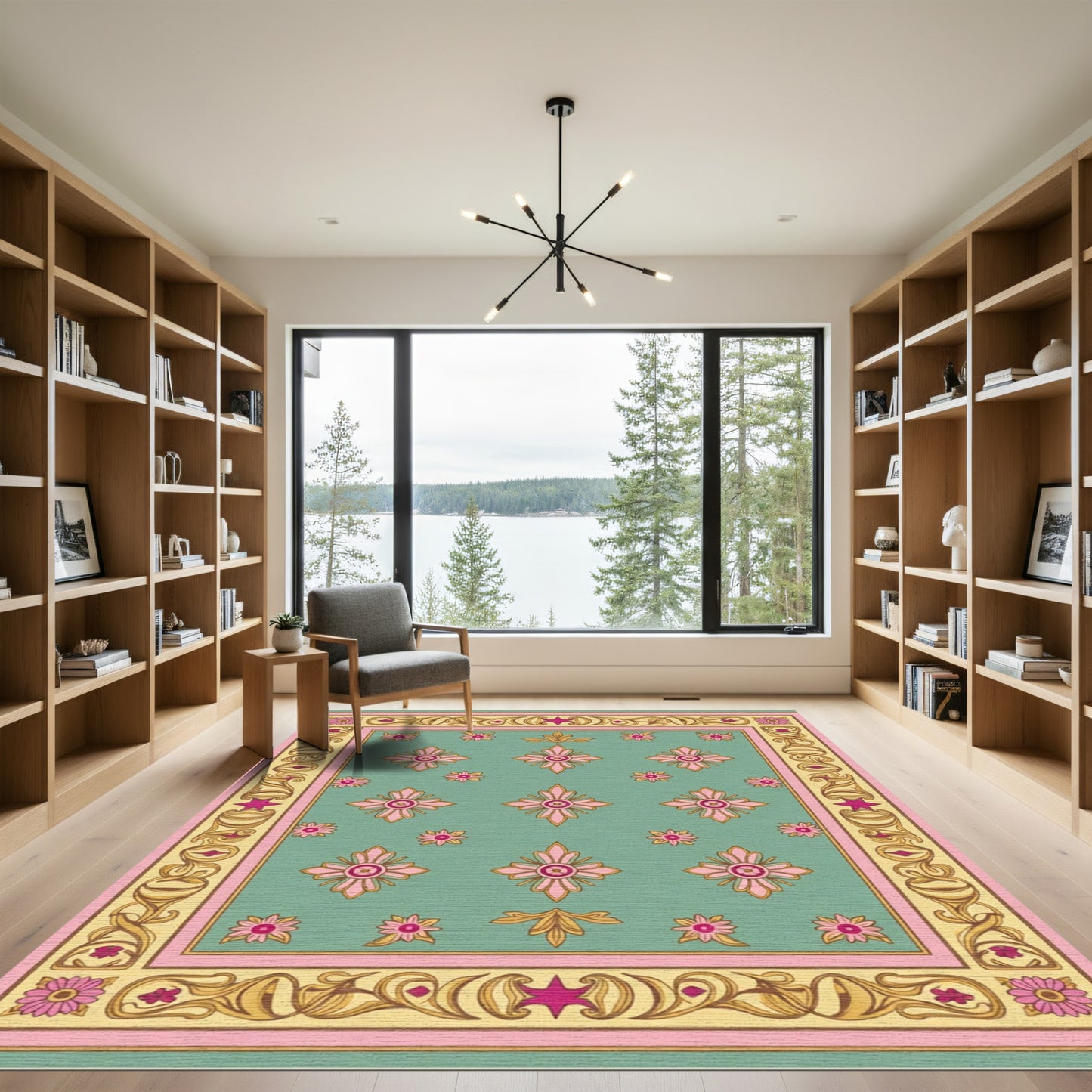 Pastel Pink Floral Medallion Border Rug