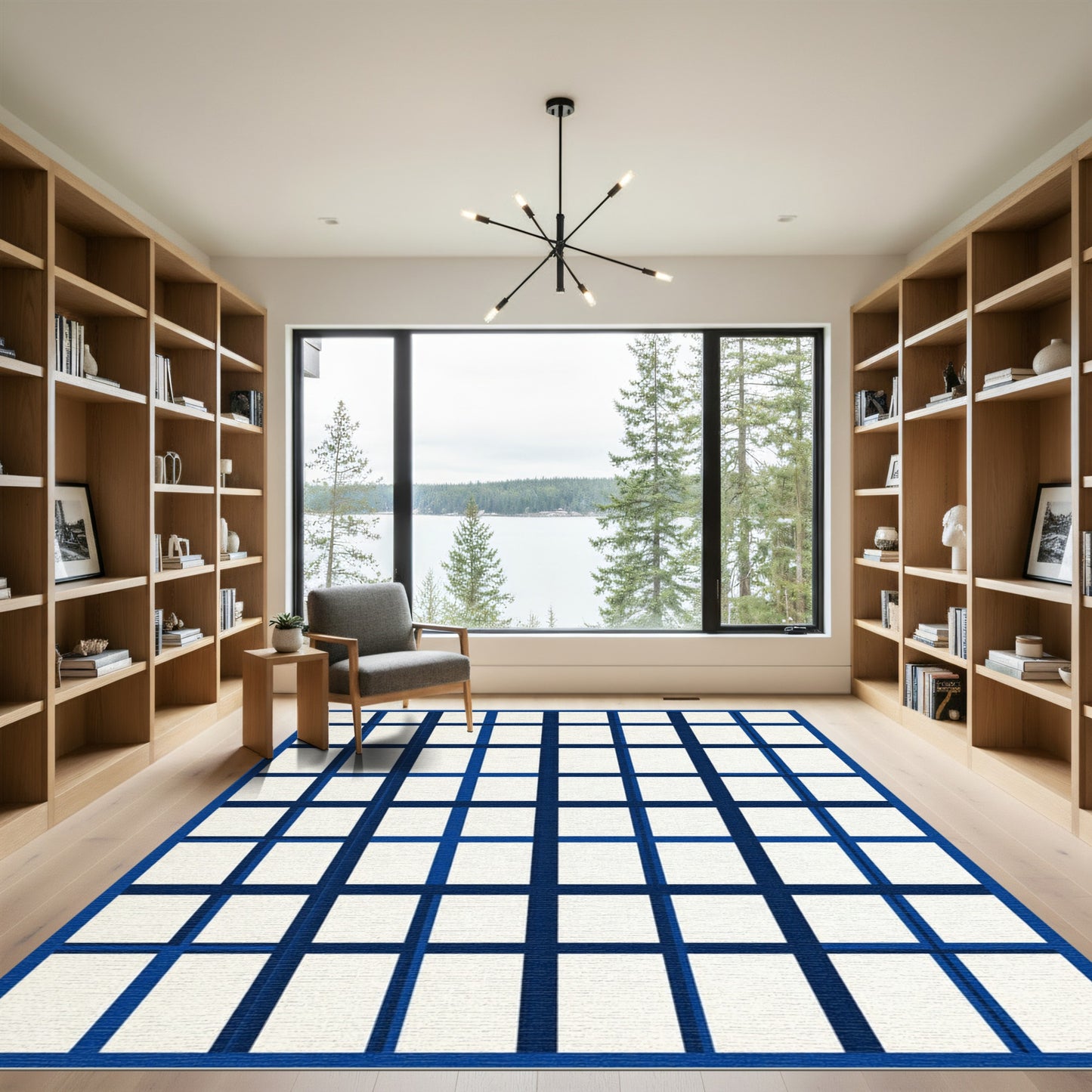 Navy and Cream Linear Grid Composition Rug