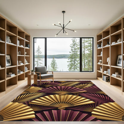 Elegant Gold Plum Folding Fan Leaves Rug