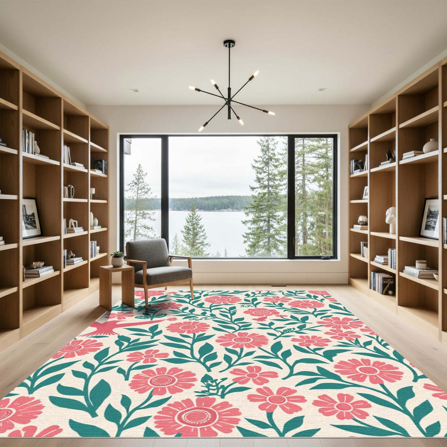 Coral Flowers Dark Teal Vines Birds Rug