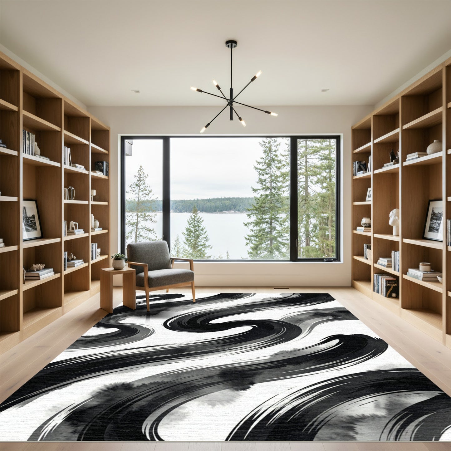 Minimalist Black Ink Swirl Abstract Rug