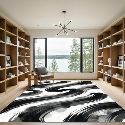 Minimalist Black Ink Swirl Abstract Rug