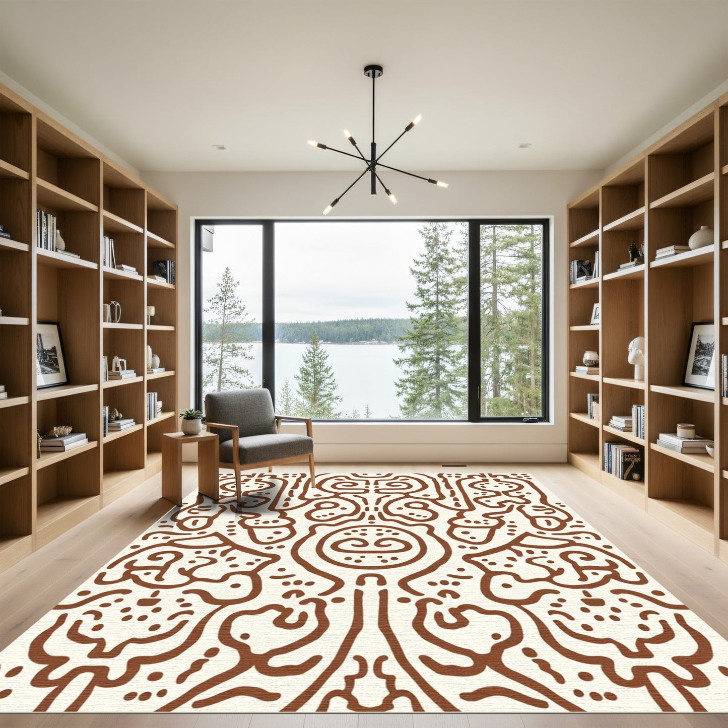 Brown Tribal Scroll Symmetry Rug