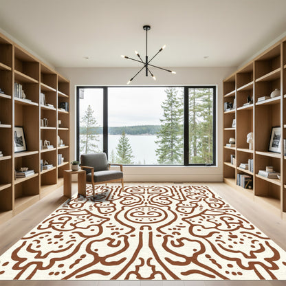 Brown Tribal Scroll Symmetry Rug