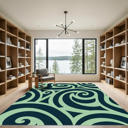 Dark Teal Swirls With Light Green Background Rug