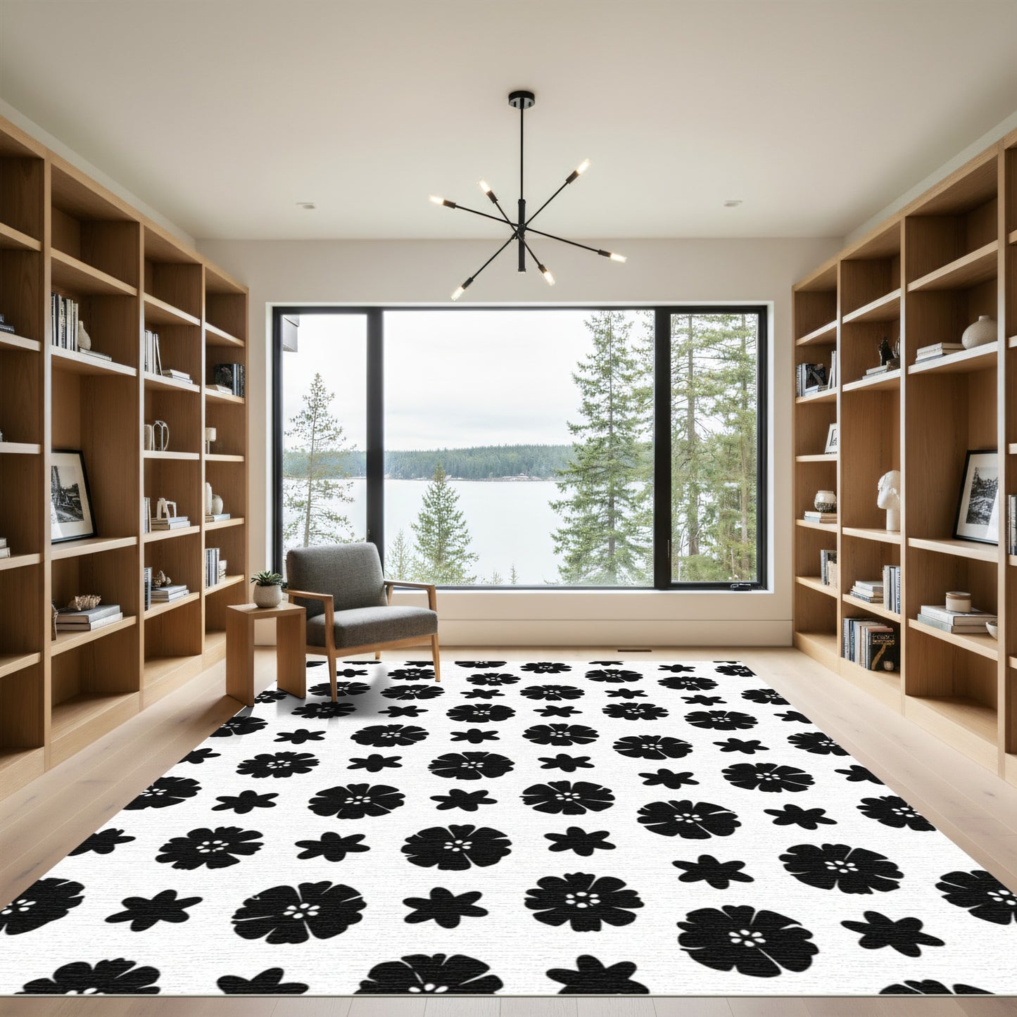 Black White Scattered Floral Arrangement Rug