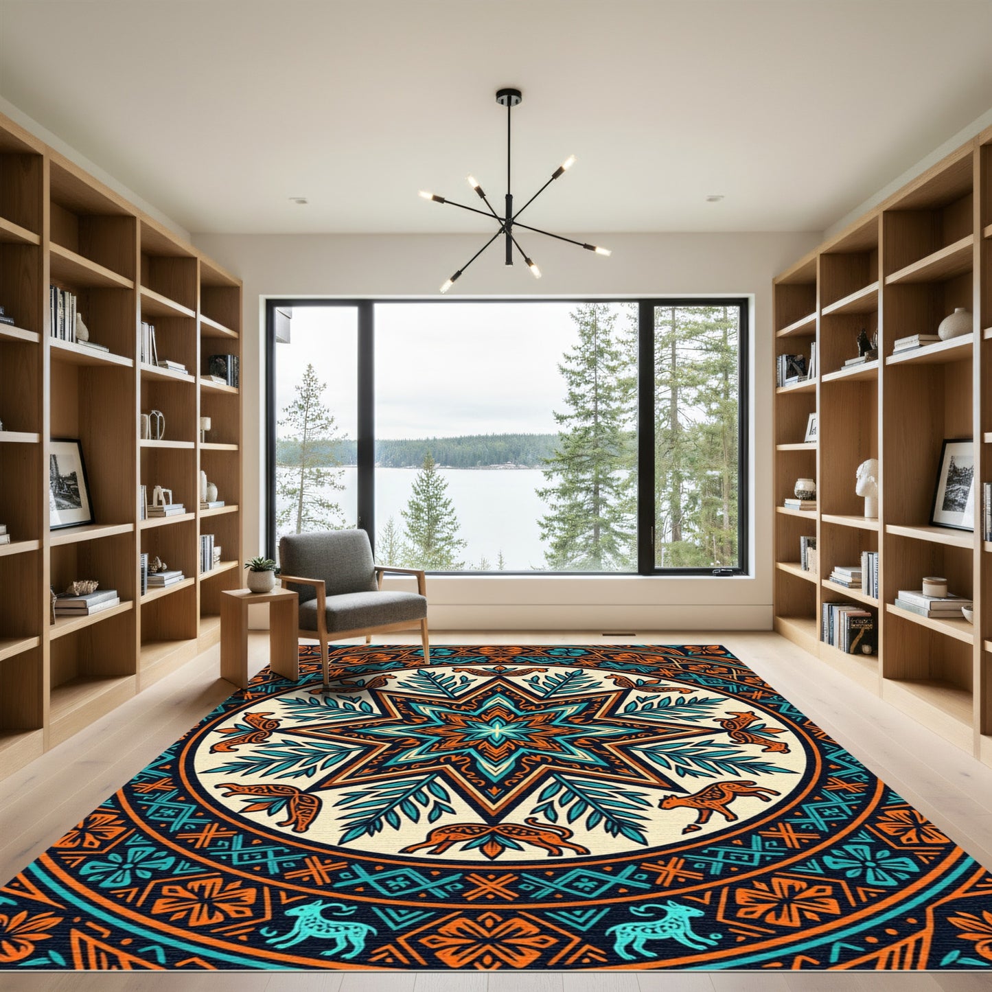 Vibrant Teal and Orange Star Medallion Rug