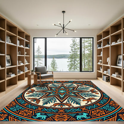 Vibrant Teal and Orange Star Medallion Rug