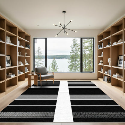 Modern Black White Horizontal Stripe Composition Rug
