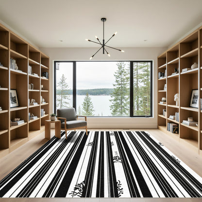 Modern Black White Stripe Floral Rug