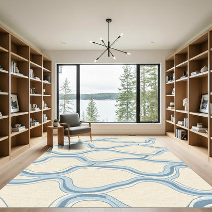Cream Blue Wavy Interlocking Shapes Rug