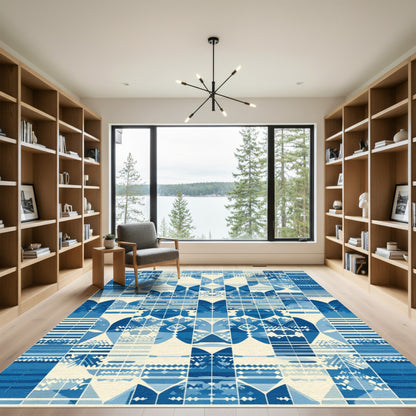 Abstract Blue Geometric Patchwork Rug