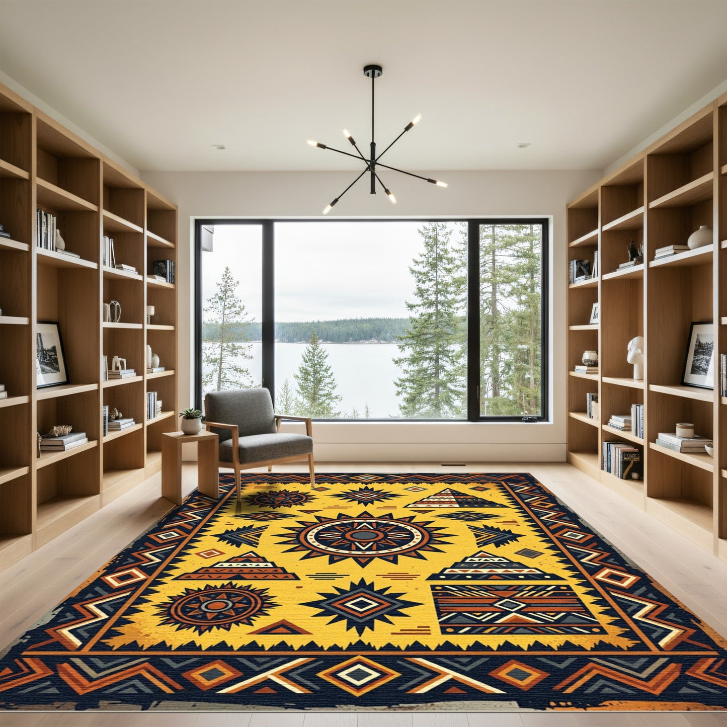 Golden Earthy Tribal Geometric Sun Art Rug