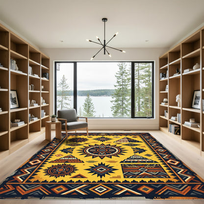 Golden Earthy Tribal Geometric Sun Art Rug