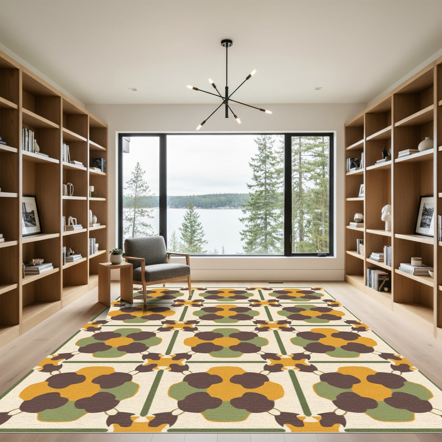 Retro Cream Brown Green Floral Grid Rug