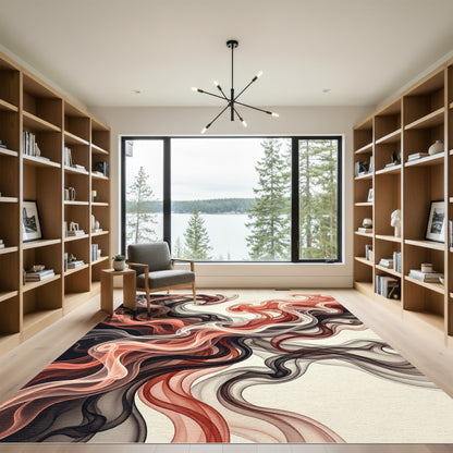 Coral Red Black Swirling Smoke Rug