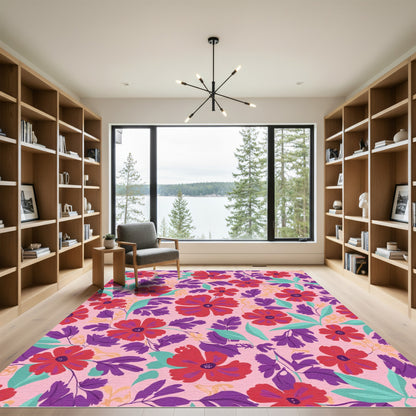Vibrant Crimson Floral Garden Blend Rug