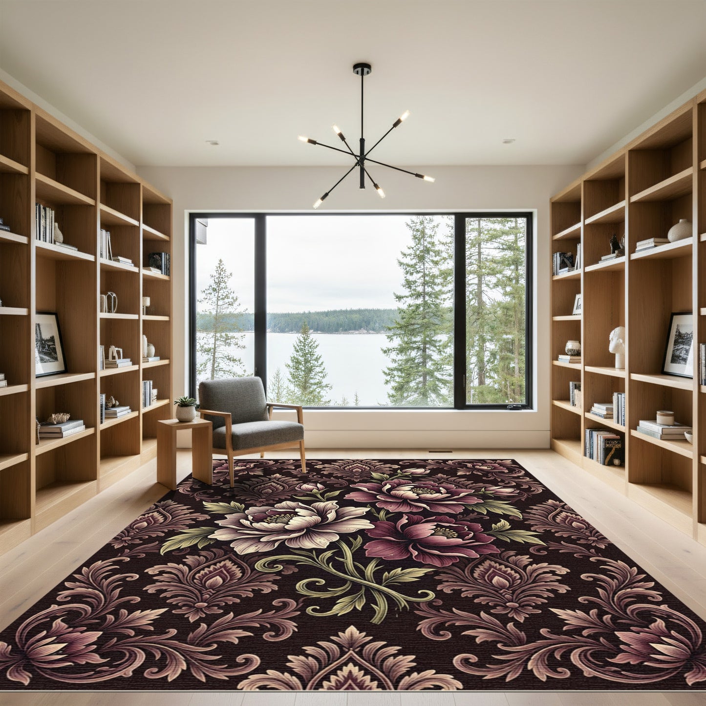 Damask Floral Bloom Dark Rose Rug