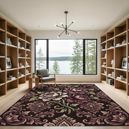 Damask Floral Bloom Dark Rose Rug