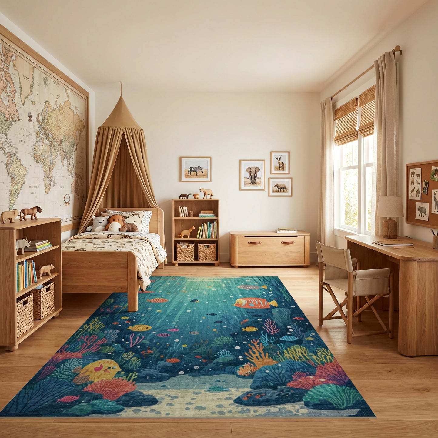 Whimsical Teal Fish Coral Sunbeam Rug