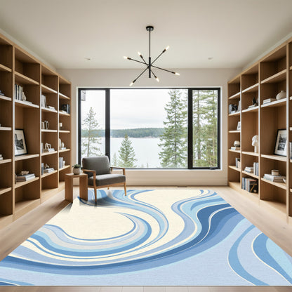 Serene Blue Flowing Wave Abstract Rug