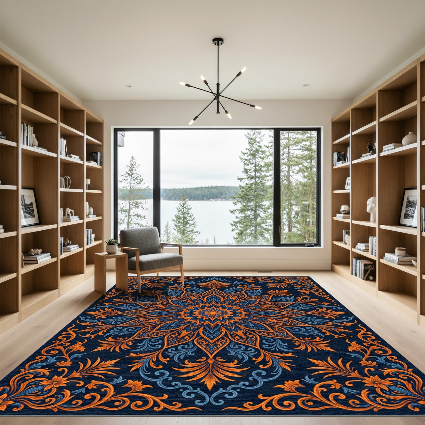 Ornate Blue Orange Floral Mandala Rug