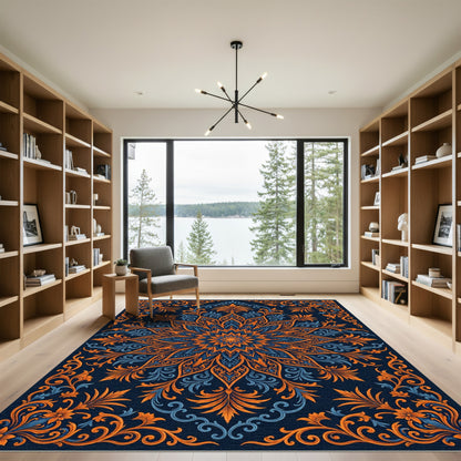 Ornate Blue Orange Floral Mandala Rug