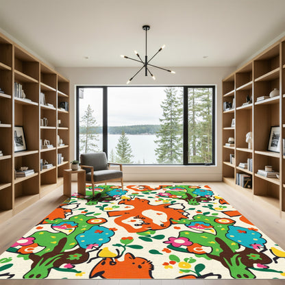 Whimsical Orange Fox Floral Grove Rug