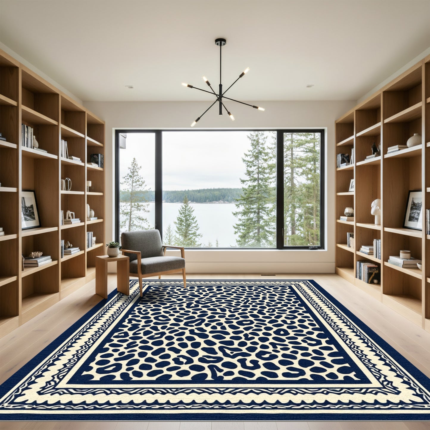 Navy Cream Animal Spot Border Rug