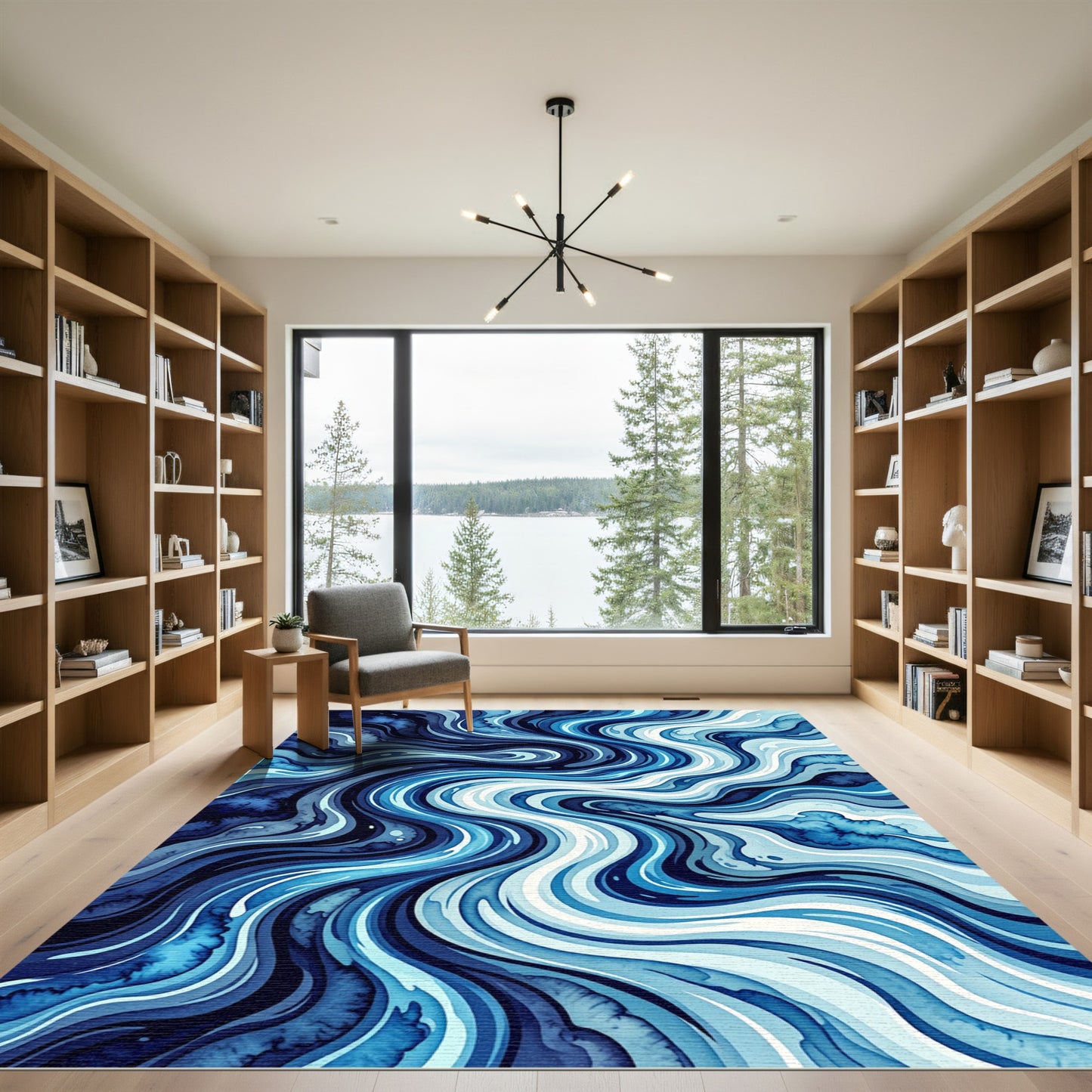 Deep Blue Swirling Marble Waves Rug