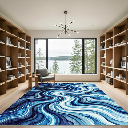 Deep Blue Swirling Marble Waves Rug