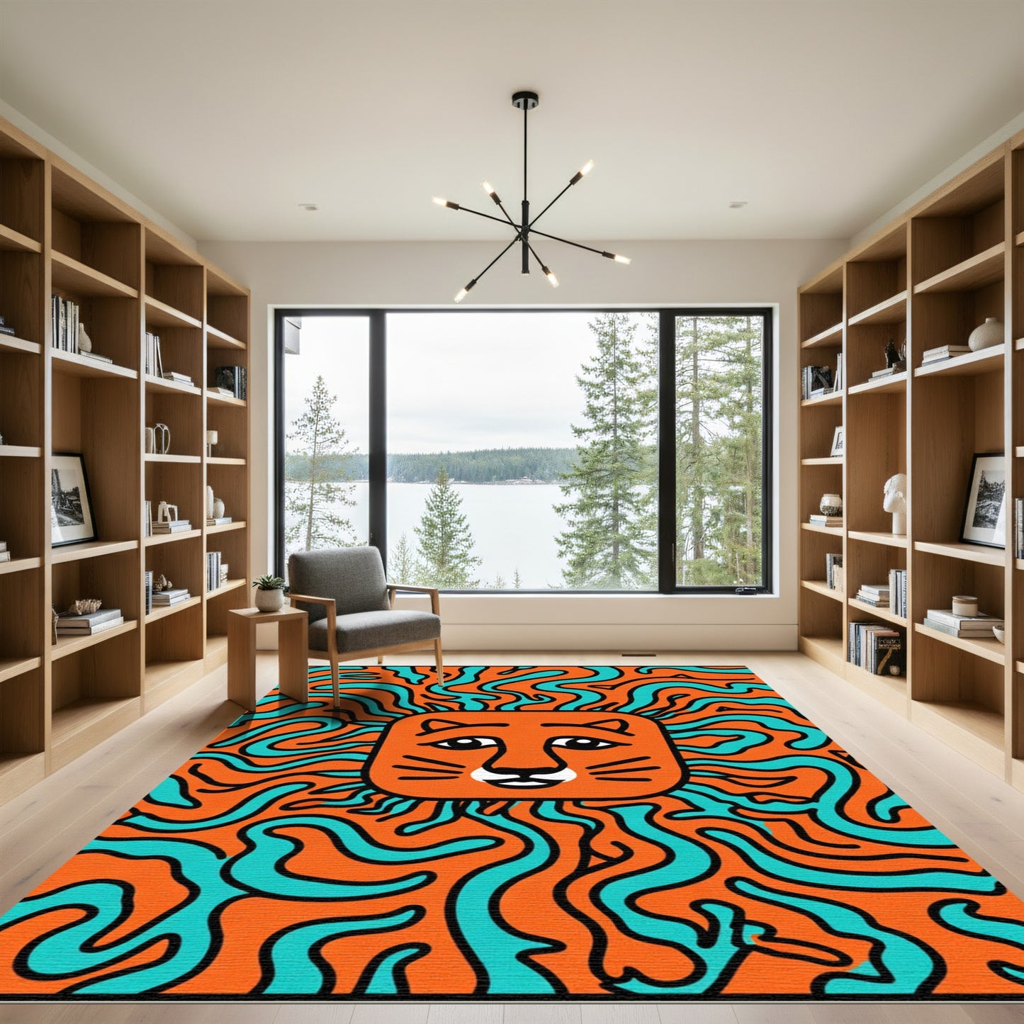 Orange Turquoise Swirl Lion Face Rug