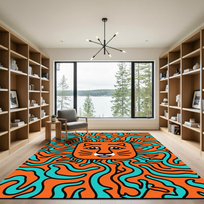 Orange Turquoise Swirl Lion Face Rug