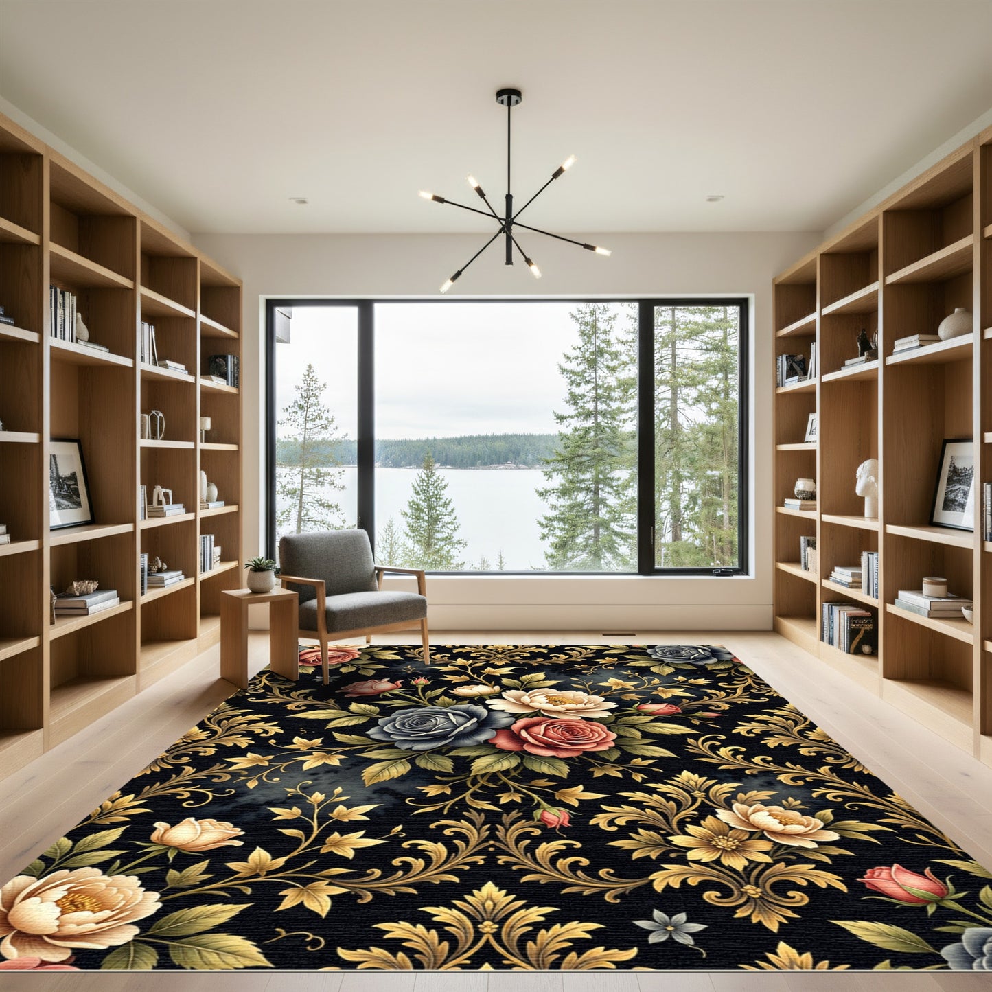 Ornate Black Floral Gold Leaf Rug