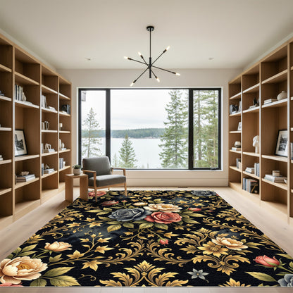 Ornate Black Floral Gold Leaf Rug