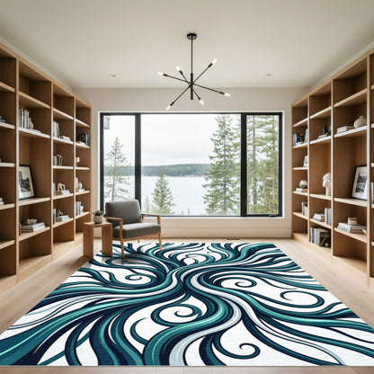 Teal Flowing Abstract Curvilinear Swirl Rug