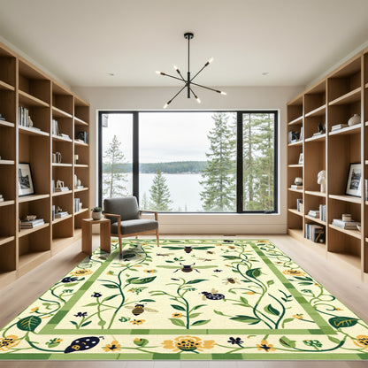 Whimsical Green Bee Ladybug Floral Rug