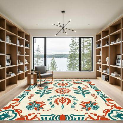 Retro Teal Red Floral Medallion Rug