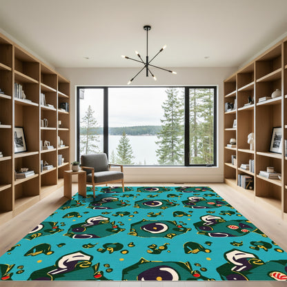 Whimsical Teal Abstract Creature Collage Rug