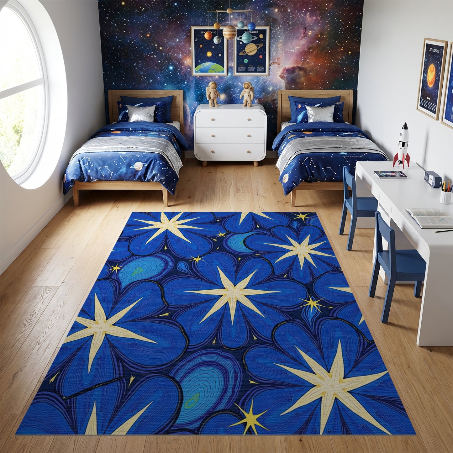 Vibrant Navy Starry Floral Peacock Rug